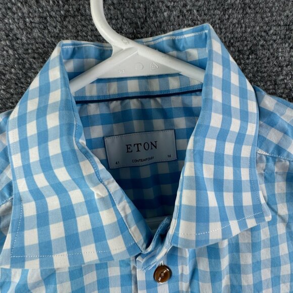 Eton Long Sleeve Button Up POPLIN 16 Cotton Designer Blue Check Contemporary - Picture 7 of 16